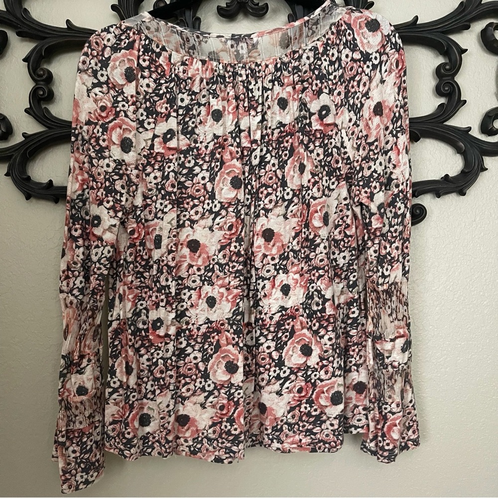 Lucky Brand Womenβs Tie Front Boho Peasant Long Sleeve Blouse Sz L - Picture 2 of 15